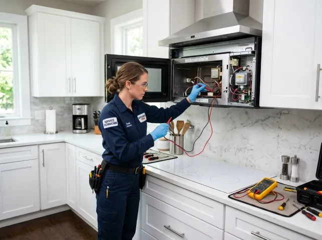 Appliance Repair Hero technician testing an over-the-range microwave in a Albrightsville, PA kitchen